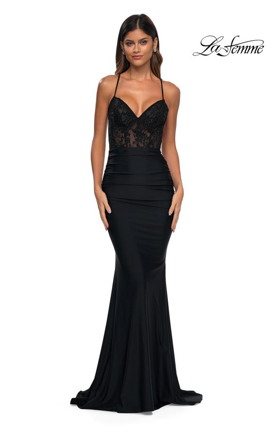 Picture of: Lace and Jersey Dress with Ruched Skirt and V Neckline in Black, Style: 32217, Detail Picture 7