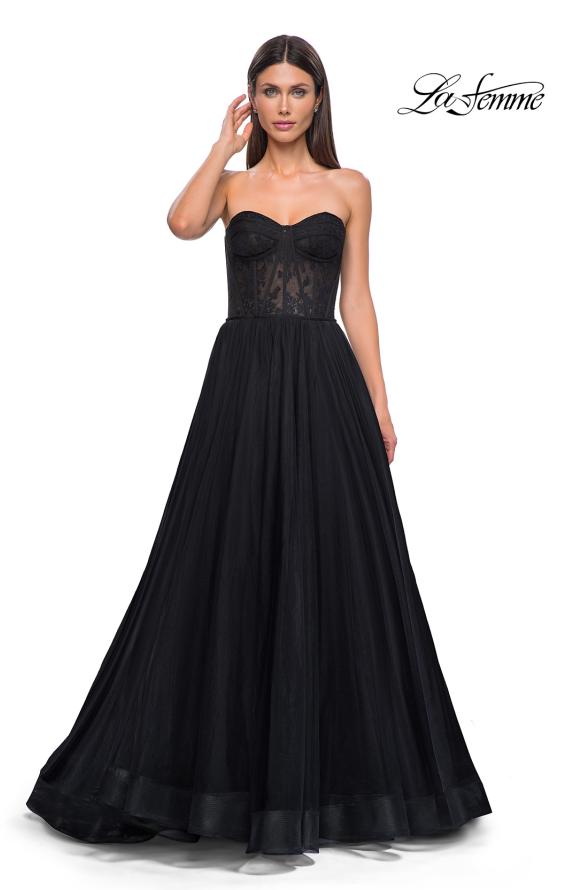 Picture of: A-line Tulle Gown with Lace Corset Bodice and Slit in Black , Style 32579, Detail Picture 7