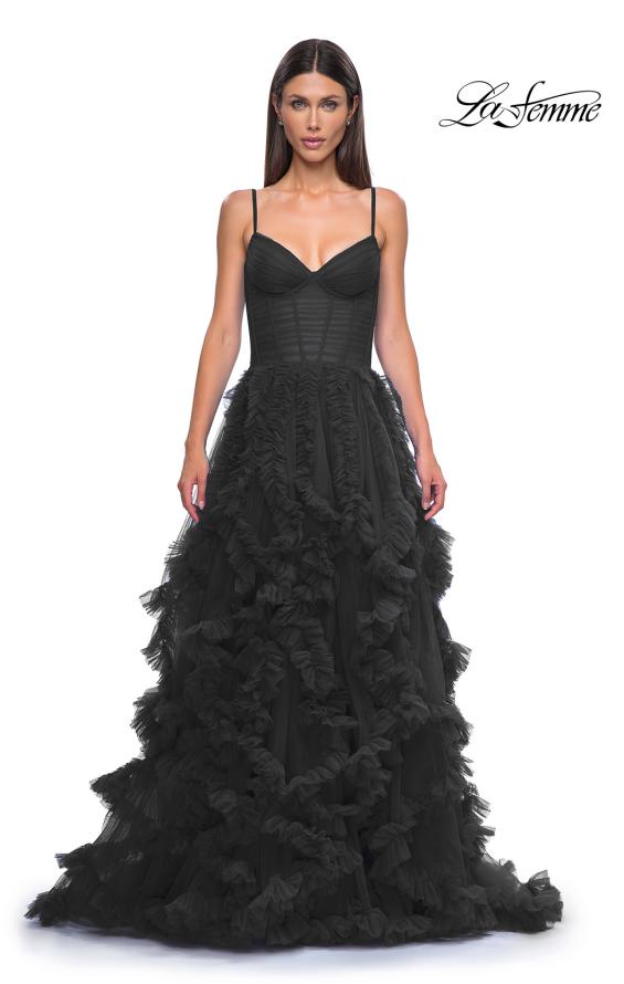 Picture of: Ruffle Tulle Dress with Unique Skirt and Illusion Corset Bodice in Black , Style 32719, Detail Picture 7