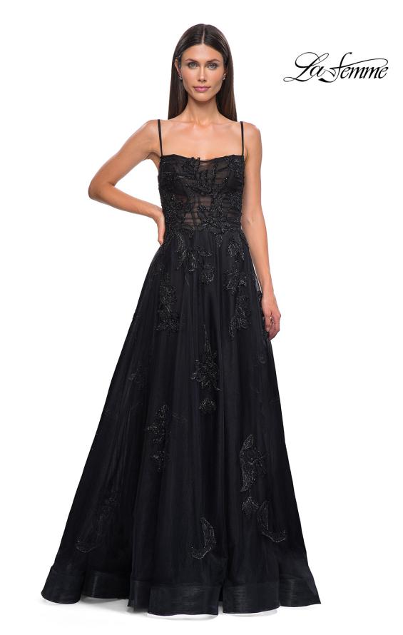 Picture of: Gorgeous A-line Tulle Gown with Beaded Floral Applique in Black , Style 32781, Detail Picture 7