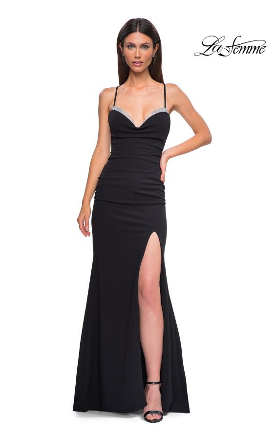 Picture of: Ruched Long Jersey Dress with Draped Rhinestone Neckline in Black , Style 32802, Detail Picture 7