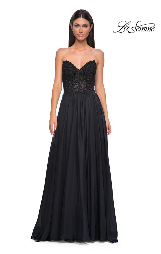 Picture of: Chiffon Gown with High Slit and Strapless Lace Top in Black , Style 32804, Detail Picture 7