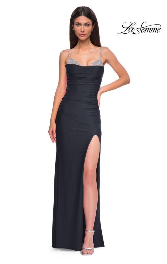 Picture of: Ruched Long Prom Dress with Rhinestone Bra Style Top in Black , Style 32939, Detail Picture 7