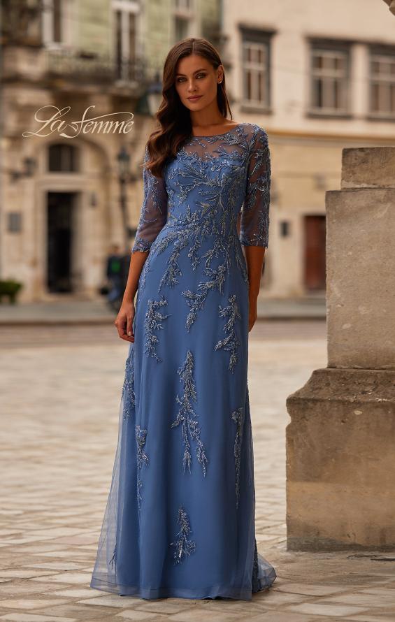 Picture of: Beaded Lace Applique Dress with Tulle Skirt and Illusion Sleeves in Blue, Style: 32612, Main Picture