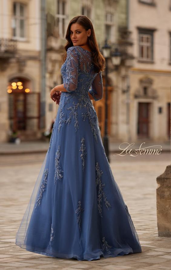 Picture of: Beaded Lace Applique Dress with Tulle Skirt and Illusion Sleeves in Blue, Style: 32612, Back Picture