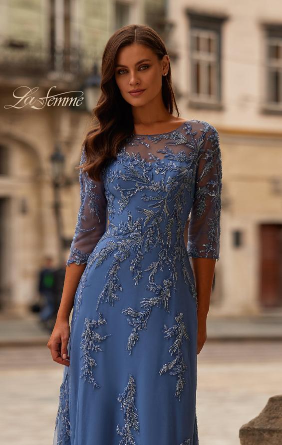 Picture of: Beaded Lace Applique Dress with Tulle Skirt and Illusion Sleeves in Blue, Style: 32612, Detail Picture 1