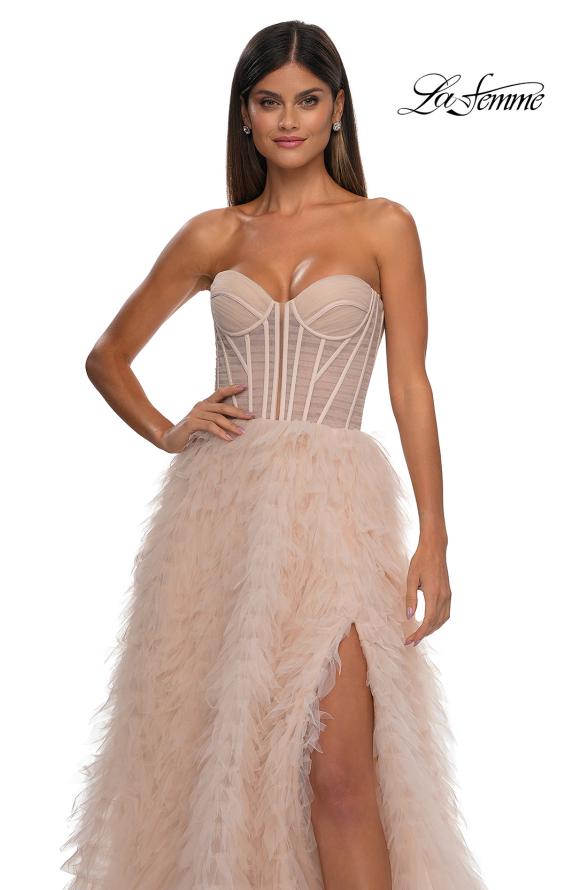 Picture of: Soft Ruffle Tulle Gown with an Illusion Corset Style Top in Blush , Style: 32528, Detail Picture 11