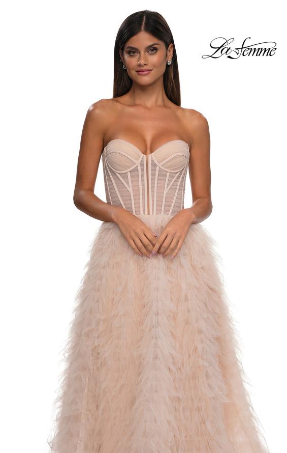 Picture of: Soft Ruffle Tulle Gown with an Illusion Corset Style Top in Blush , Style: 32528, Detail Picture 13