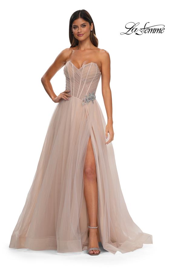 Picture of: Strapless A-line Tulle Dress with Floral Waist Detail in Blush, Style: 32789, Detail Picture 14