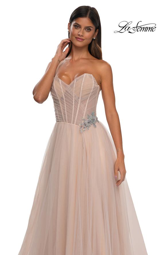 Picture of: Strapless A-line Tulle Dress with Floral Waist Detail in Blush, Style: 32789, Detail Picture 27