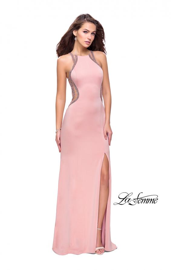 Picture of: Sheer Beaded Prom Dress with High Neck and Cut Outs in Blush, Style: 26060, Detail Picture 2