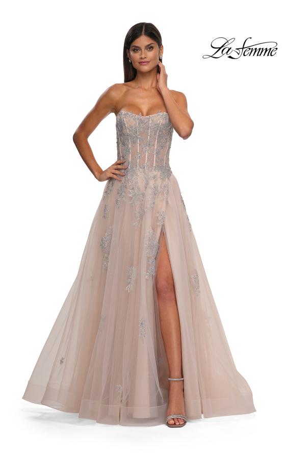 Picture of: Tulle A-line Prom Dress with Gorgeous Rhinestone Lace Applique in Blush, Style: 33028, Detail Picture 4