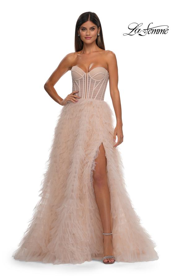 Picture of: Soft Ruffle Tulle Gown with an Illusion Corset Style Top in Blush , Style: 32528, Detail Picture 5