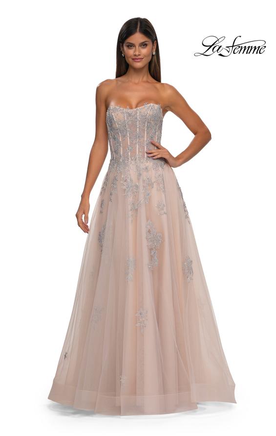 Picture of: Tulle A-line Prom Dress with Gorgeous Rhinestone Lace Applique in Blush, Style: 33028, Detail Picture 6