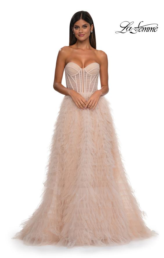 Picture of: Soft Ruffle Tulle Gown with an Illusion Corset Style Top in Blush , Style: 32528, Detail Picture 7