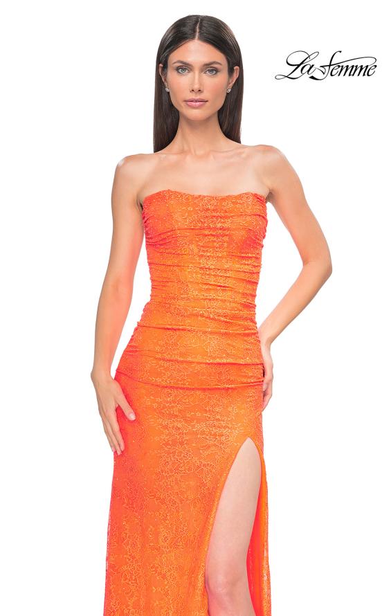 Picture of: Simple Long Stretch Lace Prom Dress with Ruching in Bright Orange, Style 32773, Detail Picture 11