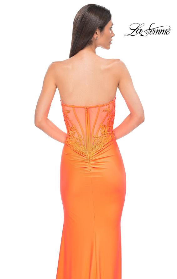 Picture of: Strapless Prom Dress with Ruching and Lace Detail Neckline and Back in Bright Orange, Style 32981, Detail Picture 12