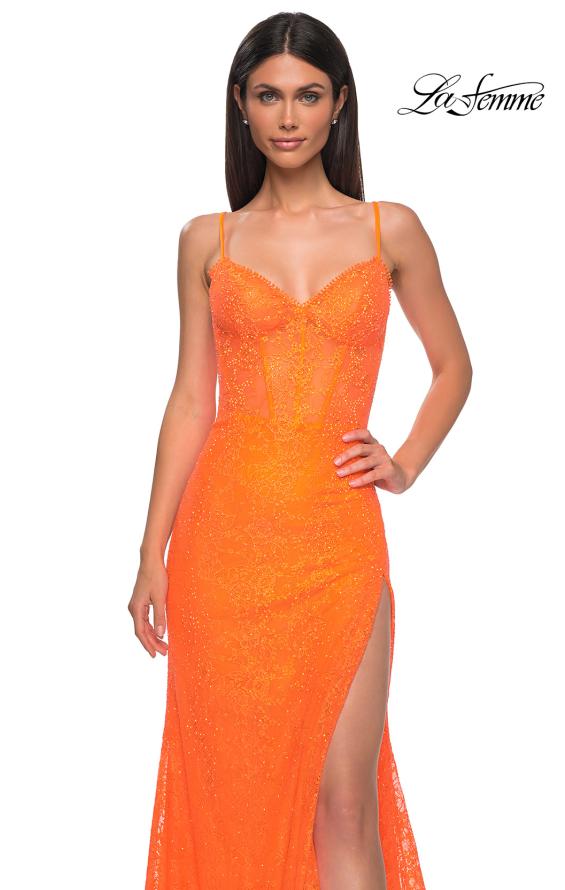 Picture of: Stretch Satin Prom Dress with Eyelet Detail Neckline in Bright Orange, Style 32671, Detail Picture 14