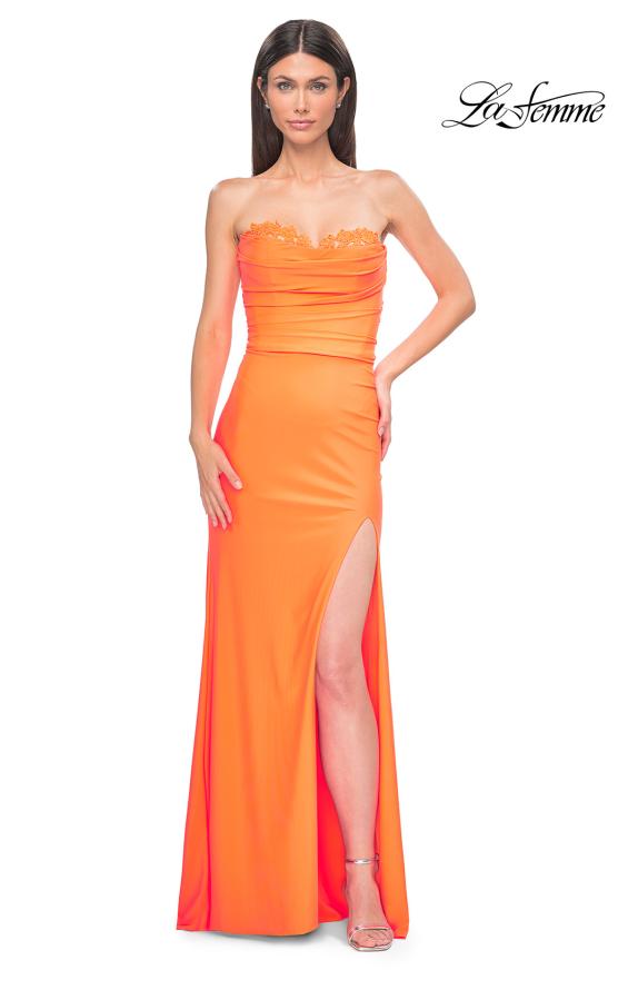 Picture of: Strapless Prom Dress with Ruching and Lace Detail Neckline and Back in Bright Orange, Style 32981, Detail Picture 5