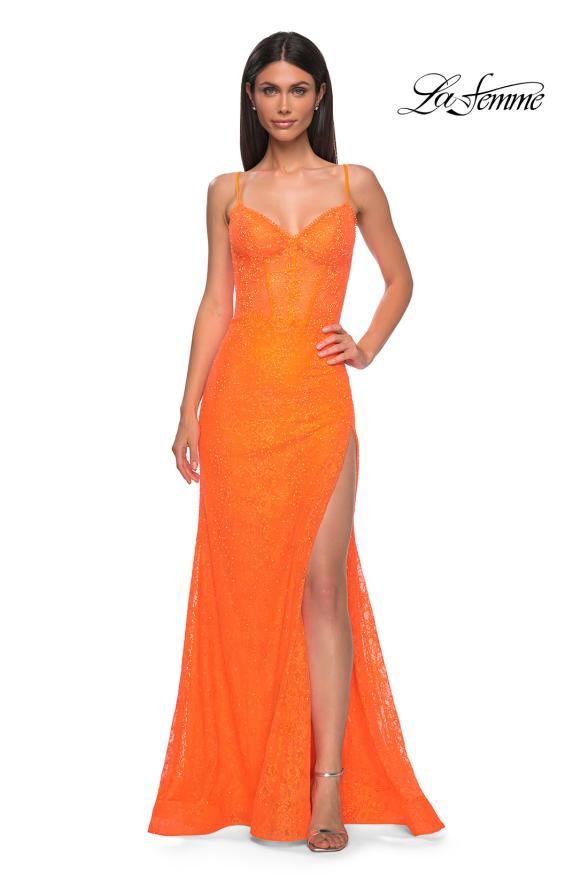 Picture of: Stretch Satin Prom Dress with Eyelet Detail Neckline in Bright Orange, Style 32671, Detail Picture 6