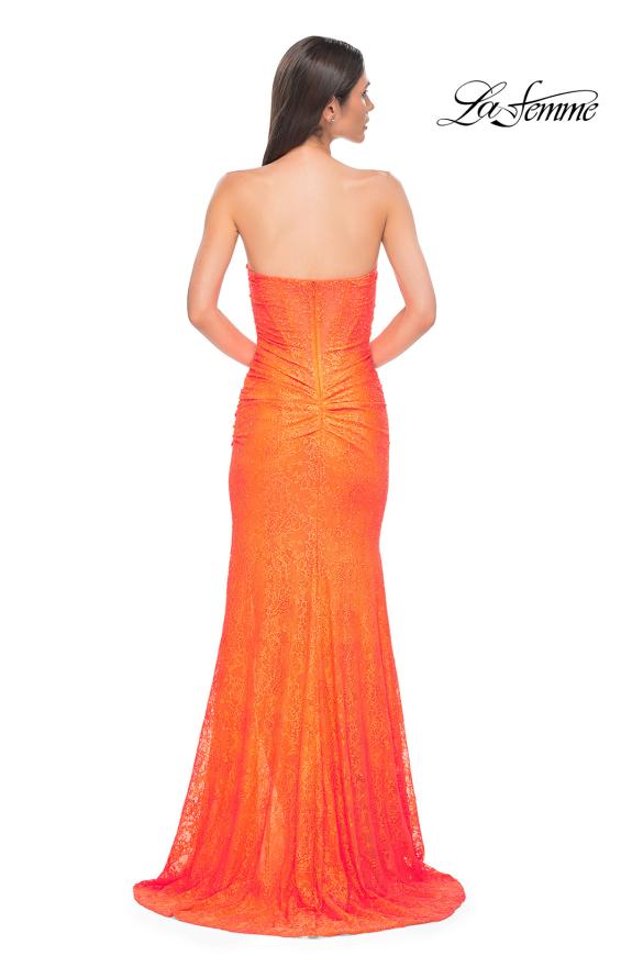 Picture of: Simple Long Stretch Lace Prom Dress with Ruching in Bright Orange, Style 32773, Detail Picture 6