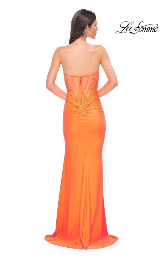 Picture of: Strapless Prom Dress with Ruching and Lace Detail Neckline and Back in Bright Orange, Style 32981, Detail Picture 6