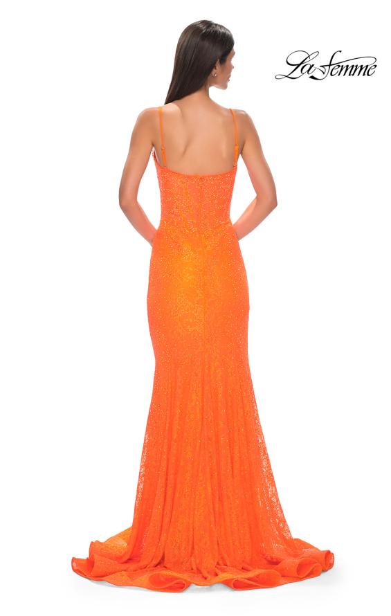 Picture of: Stretch Satin Prom Dress with Eyelet Detail Neckline in Bright Orange, Style 32671, Detail Picture 7