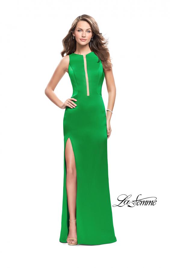 Picture of: Long Satin prom Dress with Plunging Neckline and Slit in Bright Emerald, Style: 26235, Detail Picture 1