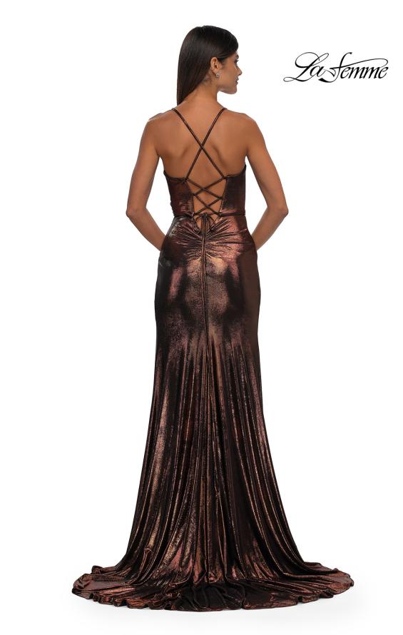 Picture of: Metallic Jersey Dress with Side Ruching and High Slit in Bronze , Style: 32884, Detail Picture 8