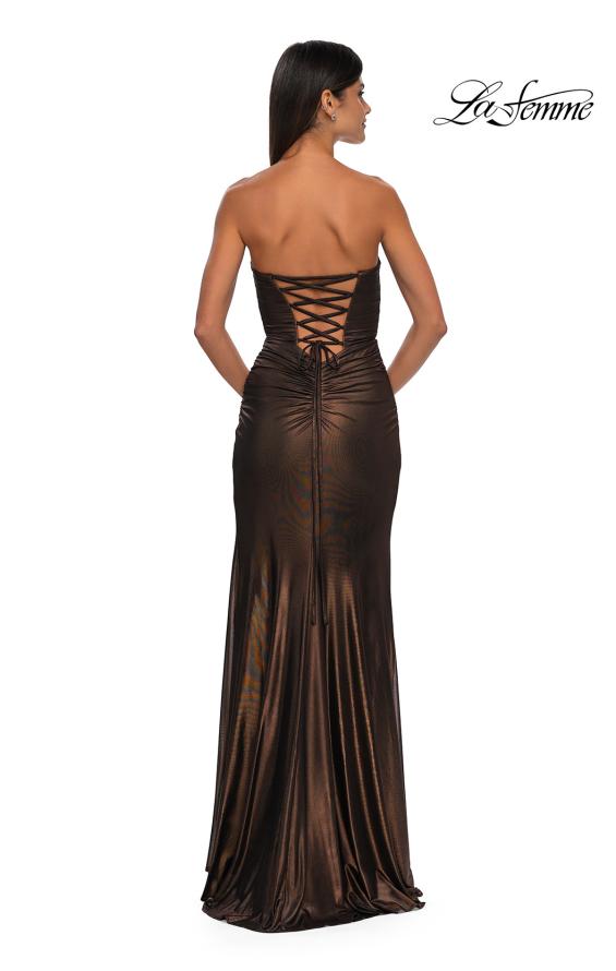 Picture of: Cut Out Strapless Prom Dress with Rosette Front Detail in Bronze , Style: 32987, Detail Picture 9