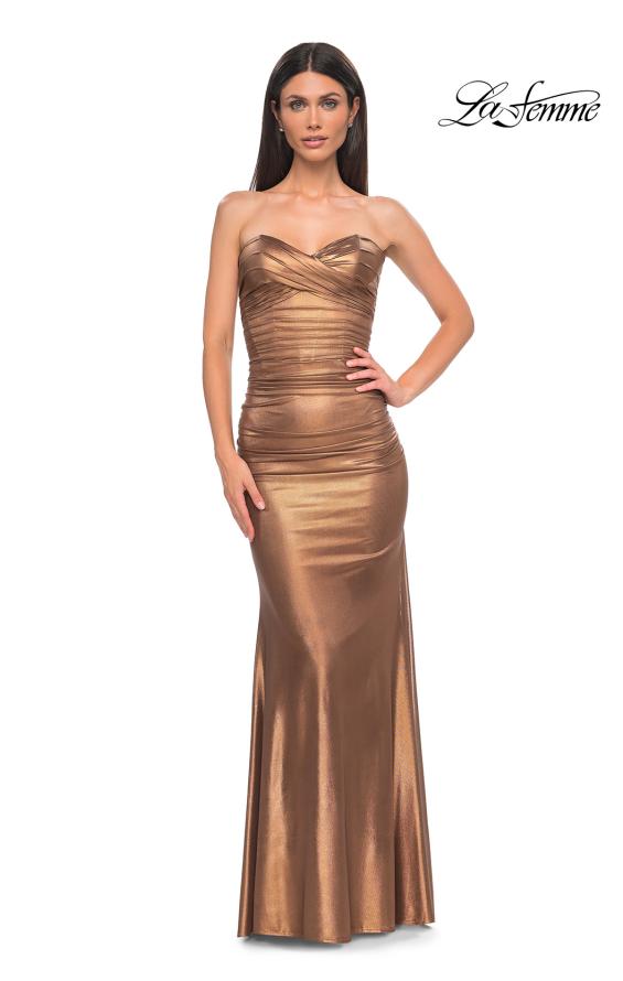 Picture of: Pearl and Rhinestone Detail Corset Top with Metallic Skirt Dress in Bronze , Style 33007, Detail Picture 9