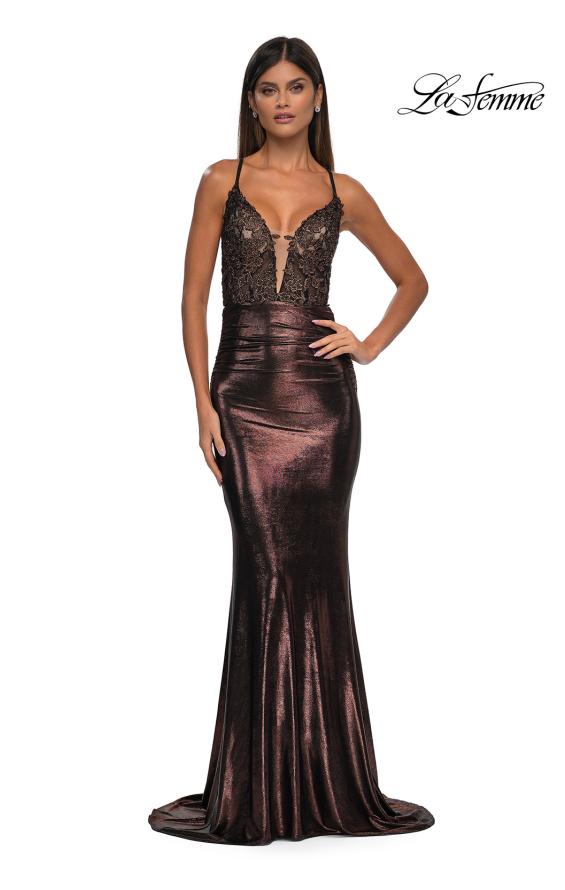 Picture of: Ruched Prom Dress with Metallic Lace and Fabric in Bronze , Style: 33059, Detail Picture 9