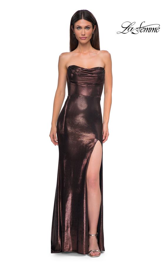 Picture of: Strapless Draped Neckline Prom Dress in Metallic Jersey in Bronze , Style 32828, Detail Picture 10