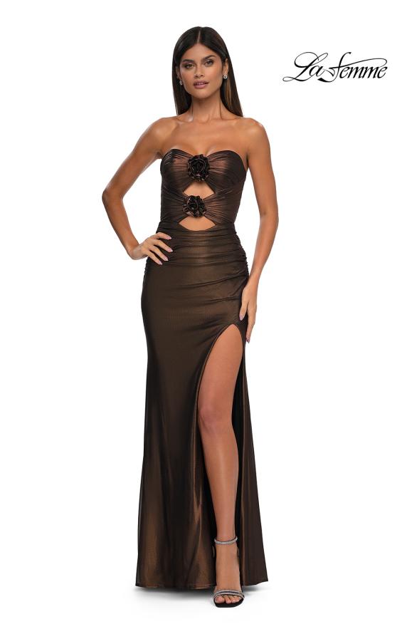 Picture of: Cut Out Strapless Prom Dress with Rosette Front Detail in Bronze , Style: 32987, Detail Picture 10