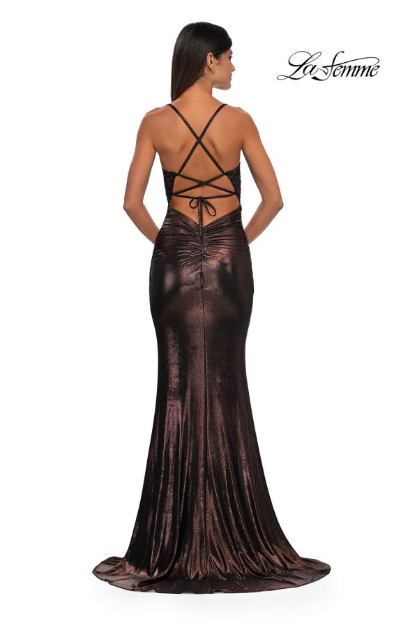 Picture of: Ruched Prom Dress with Metallic Lace and Fabric in Bronze , Style: 33059, Detail Picture 10