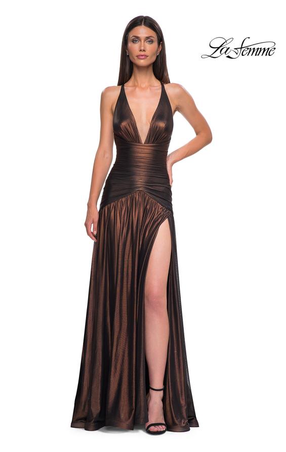 Picture of: Beautiful Long Metallic Net Jersey Gown with Flattering Ruching in Bronze , Style 32887, Detail Picture 11