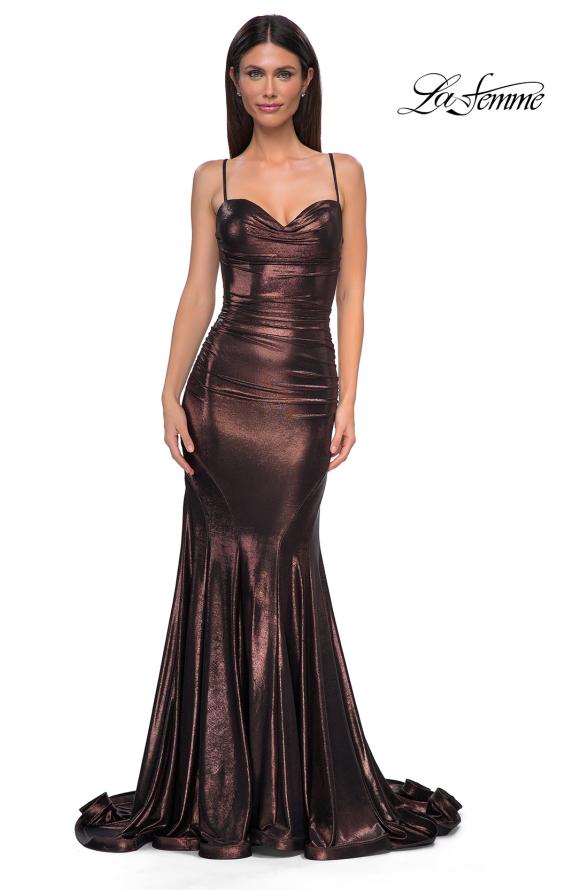 Picture of: Mermaid Metallic Jersey Dress with Draped Neckline in Bronze , Style 32897, Detail Picture 11