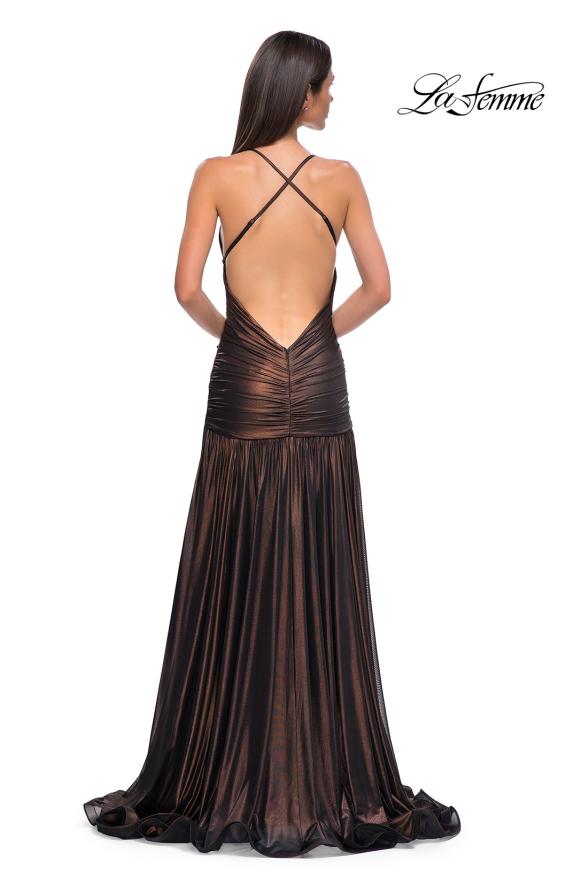 Picture of: Beautiful Long Metallic Net Jersey Gown with Flattering Ruching in Bronze , Style 32887, Detail Picture 12