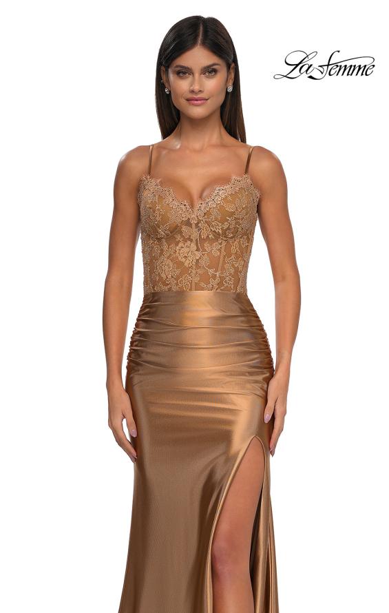 Picture of: Ruched Satin Evening Dress with Sheer Lace Top and Scallop Neckline in Bronze , Style: 32689, Detail Picture 13