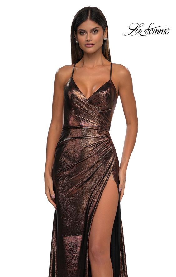 Picture of: Metallic Jersey Dress with Side Ruching and High Slit in Bronze , Style: 32884, Detail Picture 13