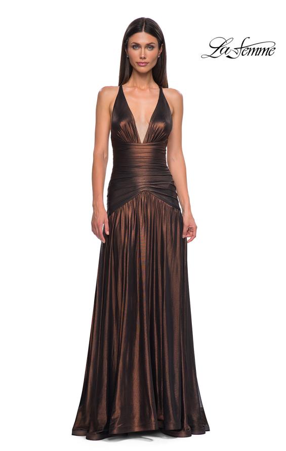 Picture of: Beautiful Long Metallic Net Jersey Gown with Flattering Ruching in Bronze , Style 32887, Detail Picture 13