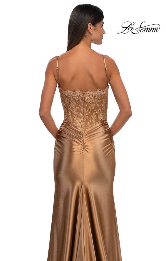 Picture of: Ruched Satin Evening Dress with Sheer Lace Top and Scallop Neckline in Bronze , Style: 32689, Detail Picture 14