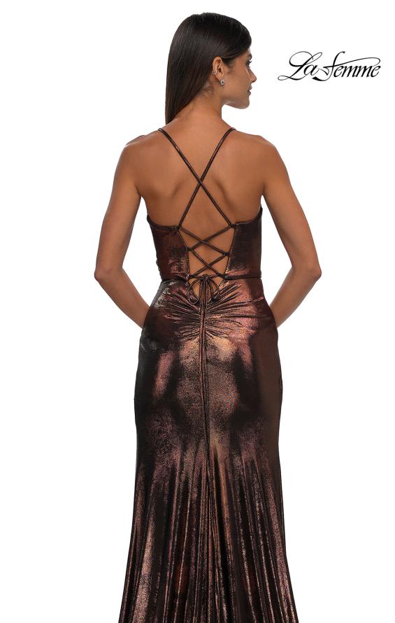 Picture of: Metallic Jersey Dress with Side Ruching and High Slit in Bronze , Style: 32884, Detail Picture 14