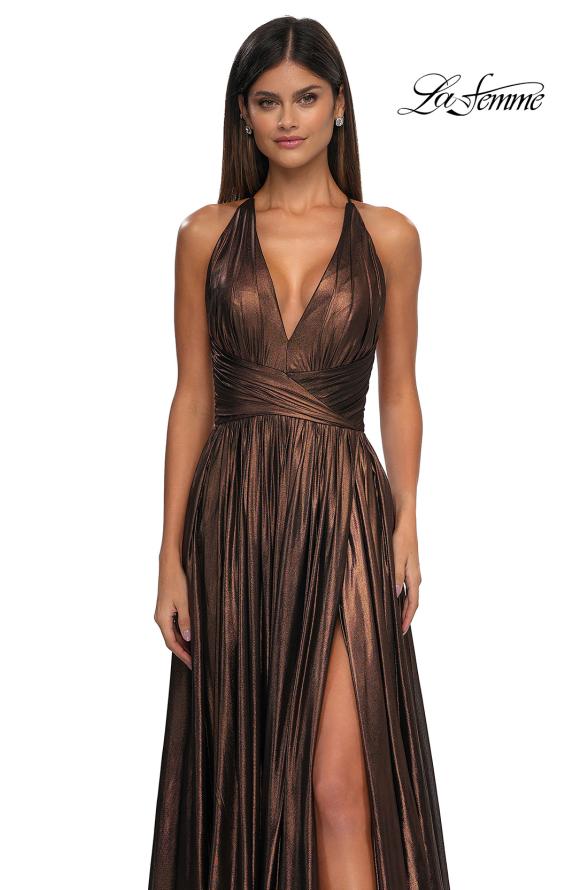 Picture of: A-line Metallic Net Jersey Halter Gown with High Slit in Bronze , Style: 32917, Detail Picture 15