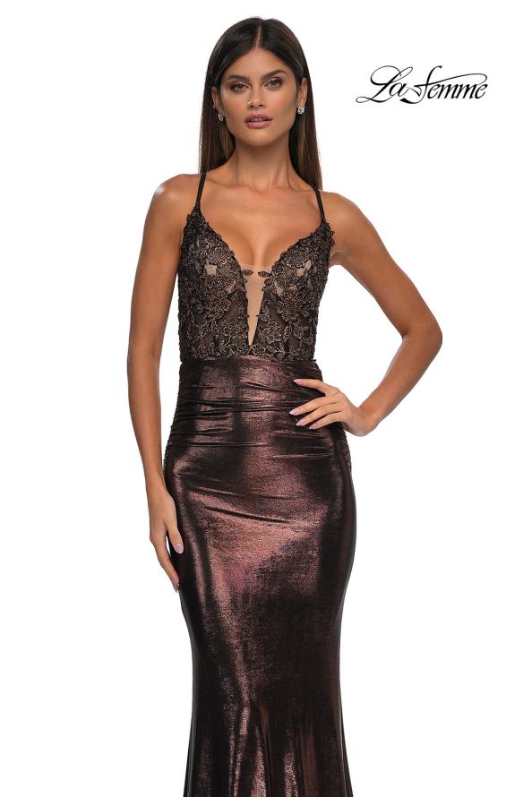 Picture of: Ruched Prom Dress with Metallic Lace and Fabric in Bronze , Style: 33059, Detail Picture 15