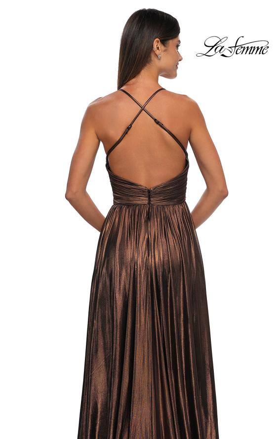 Picture of: A-line Metallic Net Jersey Halter Gown with High Slit in Bronze , Style: 32917, Detail Picture 16