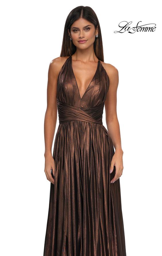 Picture of: A-line Metallic Net Jersey Halter Gown with High Slit in Bronze , Style: 32917, Detail Picture 17