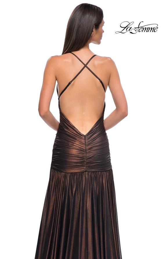 Picture of: Beautiful Long Metallic Net Jersey Gown with Flattering Ruching in Bronze , Style 32887, Detail Picture 19