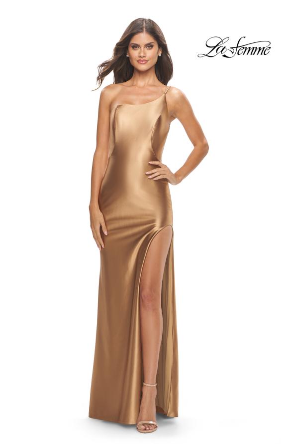 Picture of: Simple One Shoulder Liquid Jersey Dress in Bronze, Style: 31391, Detail Picture 23