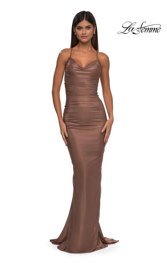 Picture of: Ruched Long Metallic Gown with Low Back and Criss Cross Straps in Bronze , Style: 32973, Detail Picture 1